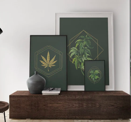 3 posters with cannabis leaves on a black background